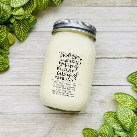 'mom AMAZING loving PATIENT caring STRONG' Saying Candle (Mason Jar)